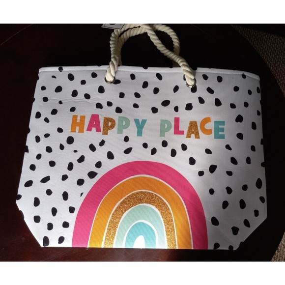 NEW Rainbow Happy Place Polka Dot Boho Beach Tote Travel Shopping Bag Glitter - Picture 16 of 16